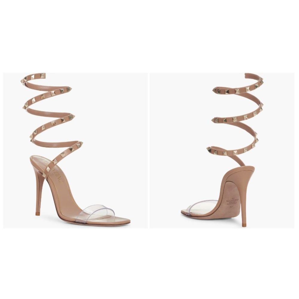 Valentino Garavani Women's Rockstud Gladiator PVC Strap Nude Sandals Size 37.5